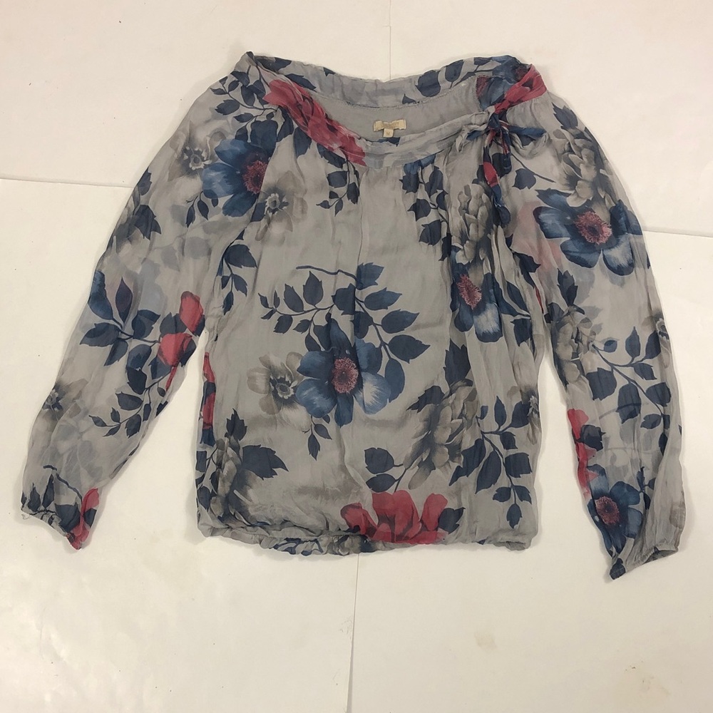 Giusy M Blouse Top Floral Silk Grey blue pink Bow tie Sheer sleeve Excellent